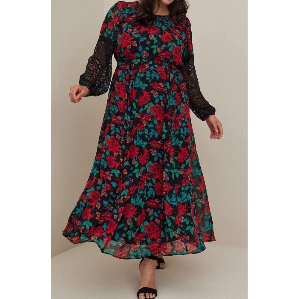 Torrid 1 Floral Chiffon Maxi Dress Black Red Lace Long Sleeve Plus Size 1X 14-16